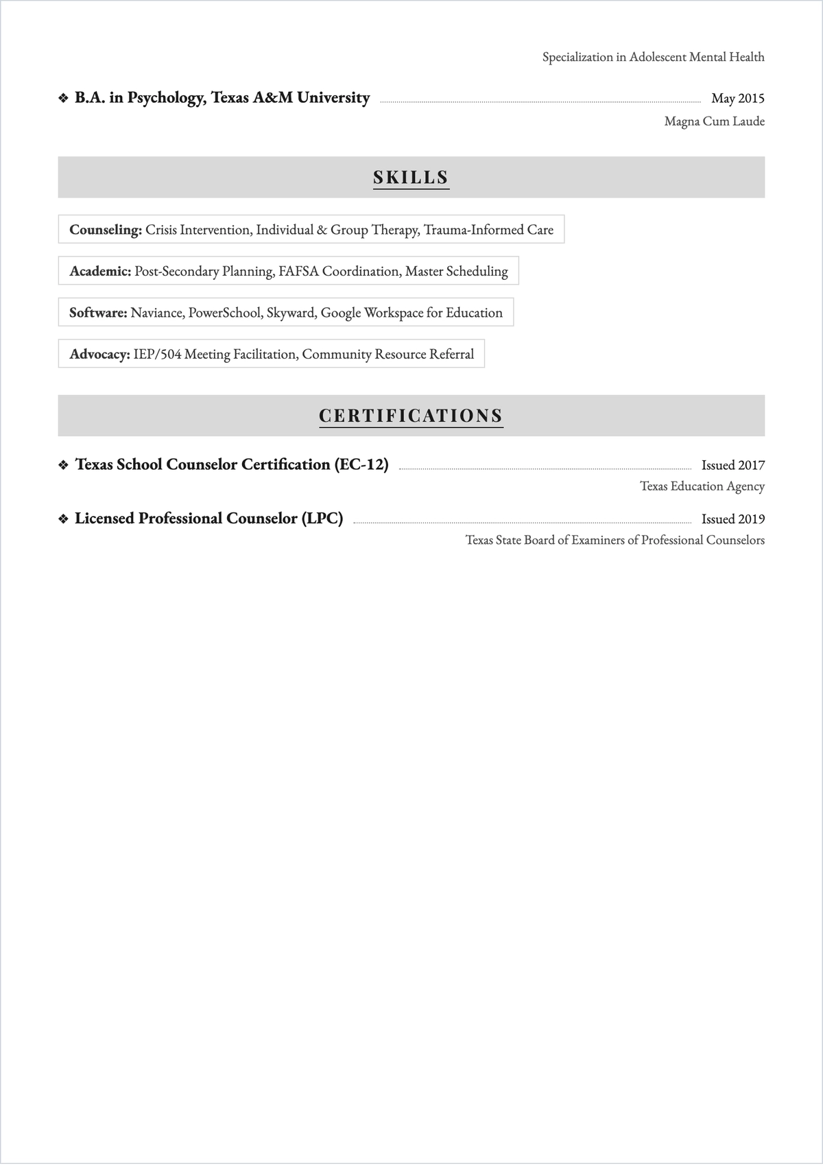 Free Printable Student Counselor ATS CV Template, AI CV Builder
