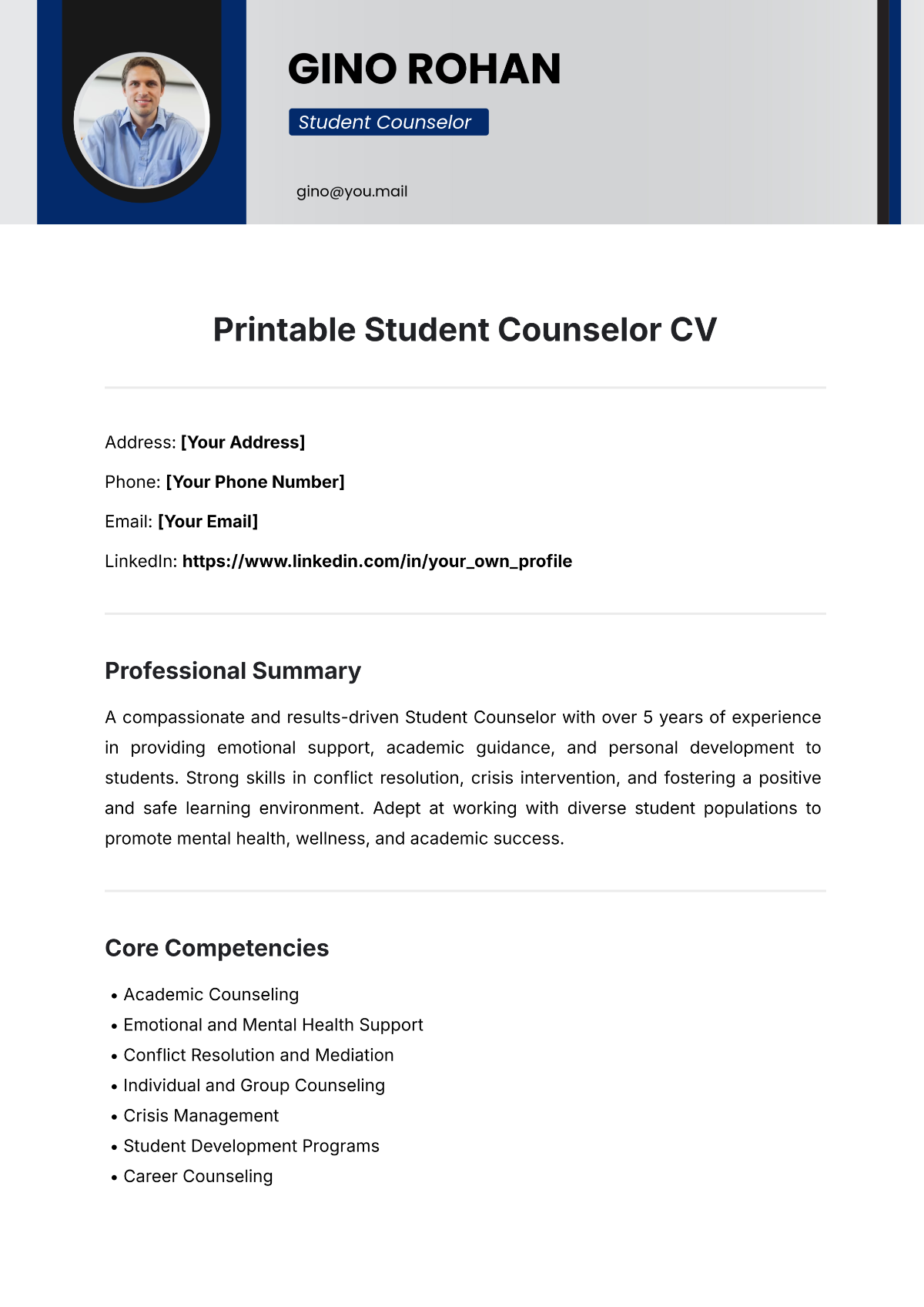 Free Printable Student Counselor CV Template