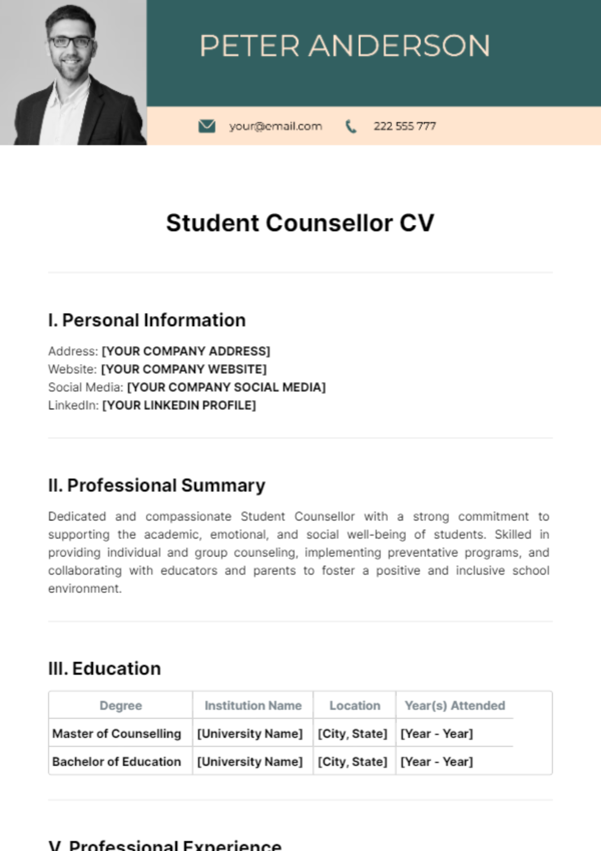 Student Counsellor CV Template