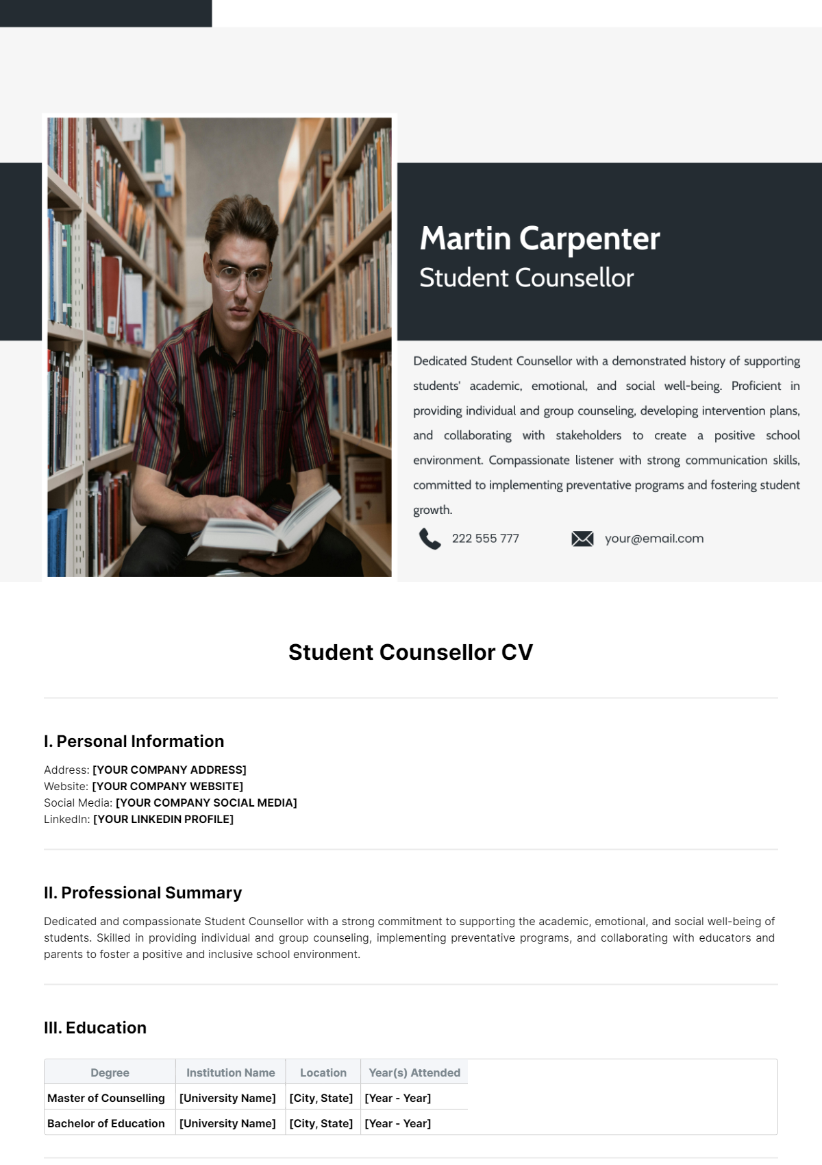 Free Student Counsellor CV Template