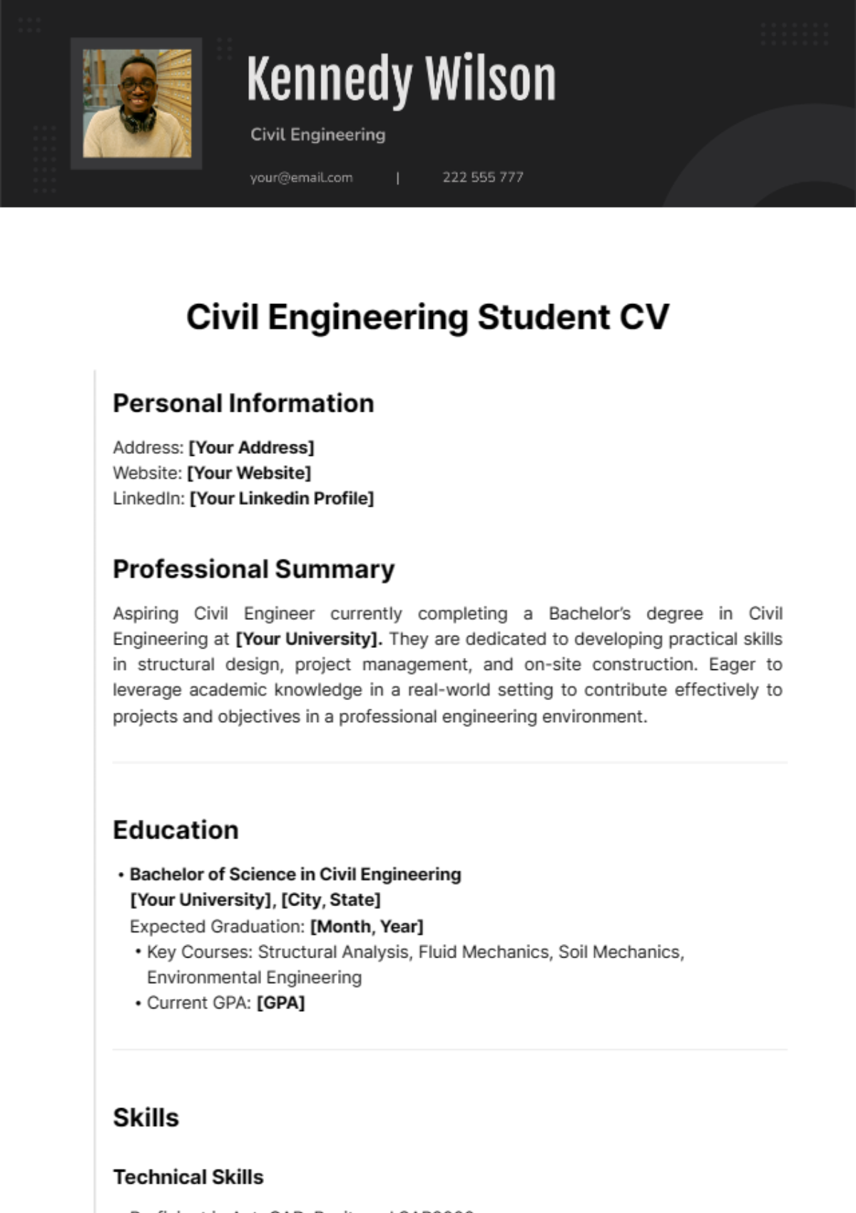 Civil Engineering Student CV Template - Edit Online & Download