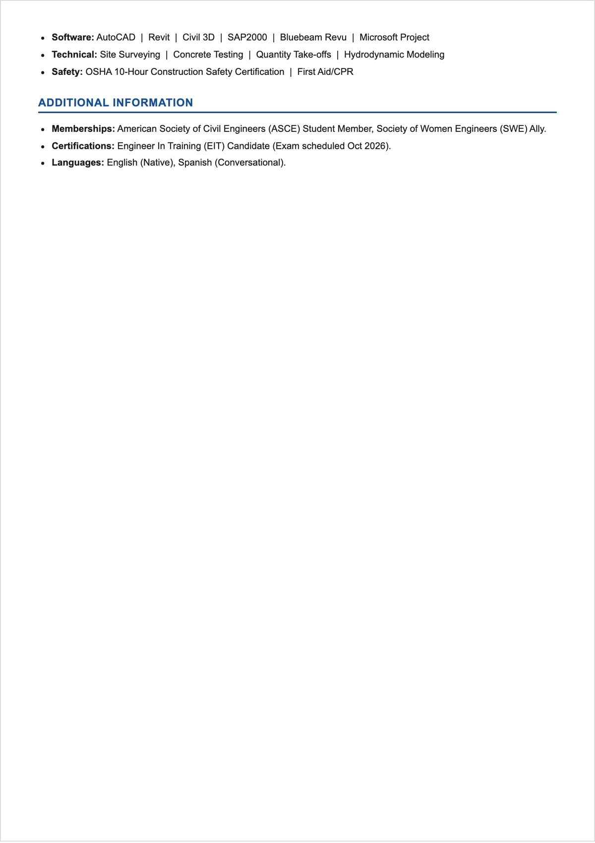 Free Civil Engineering Student ATS CV Template, AI CV Builder