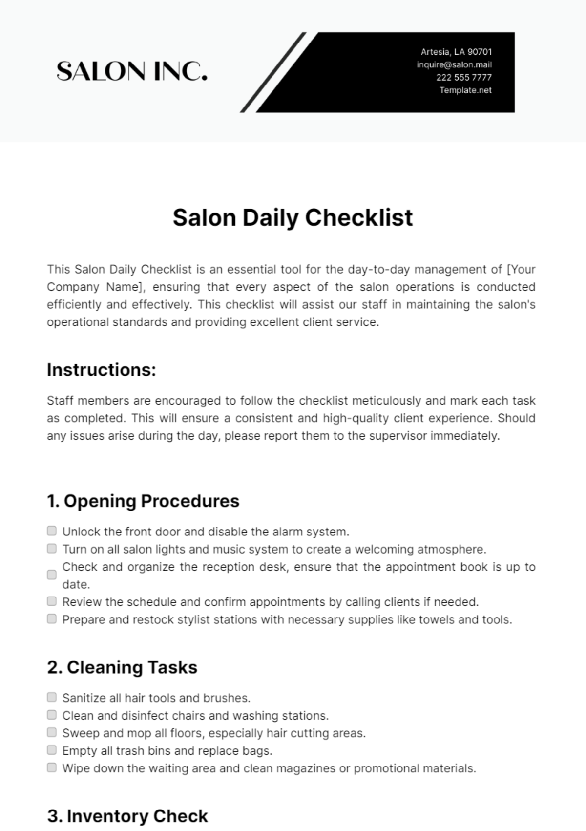 Salon Daily Checklist Template