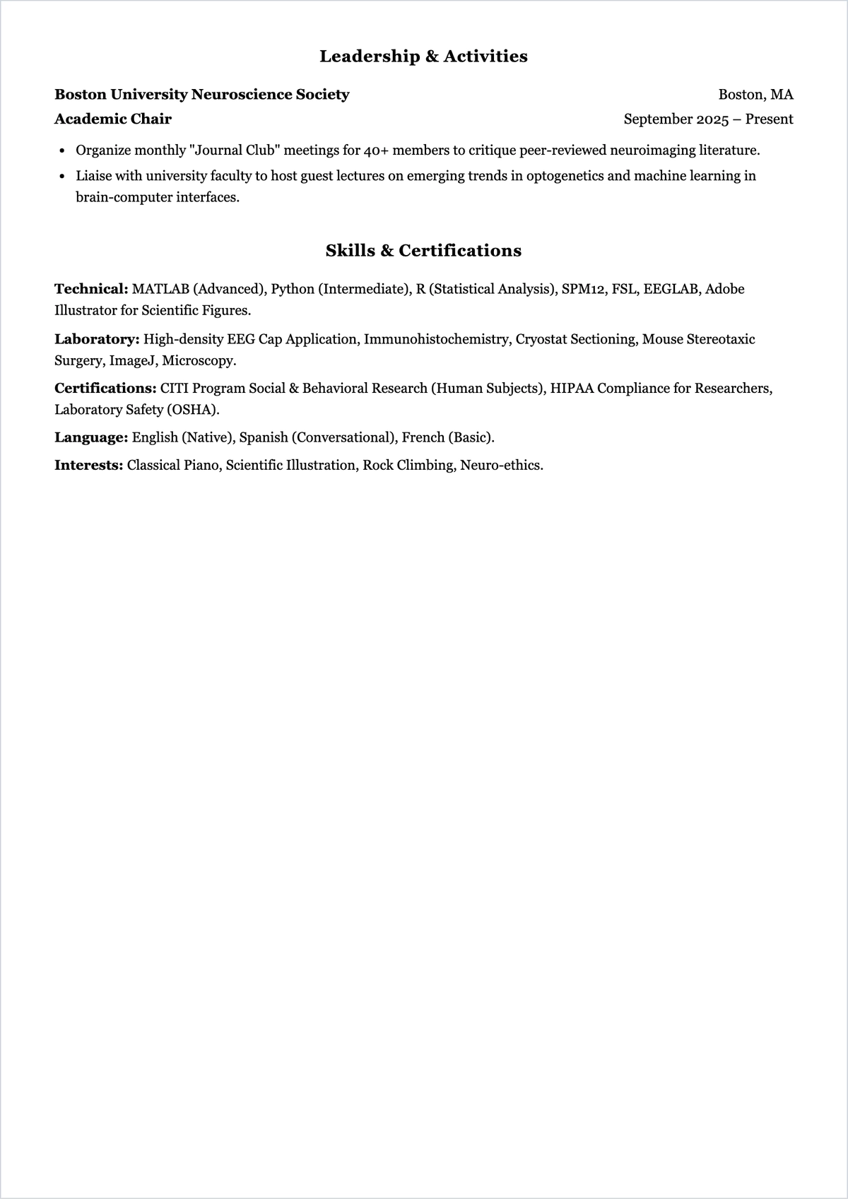 Free Neuroscience Student ATS CV Template, AI CV Builder