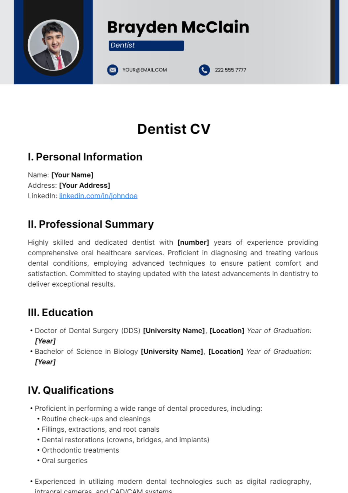 Dentist CV Template - Edit Online & Download