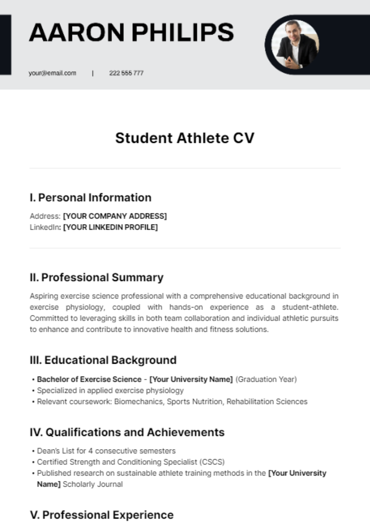 Student Athlete CV Template