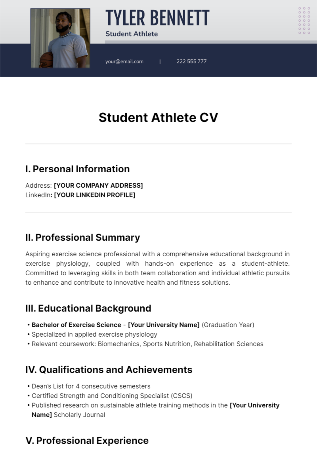 Free Student Athlete CV Template