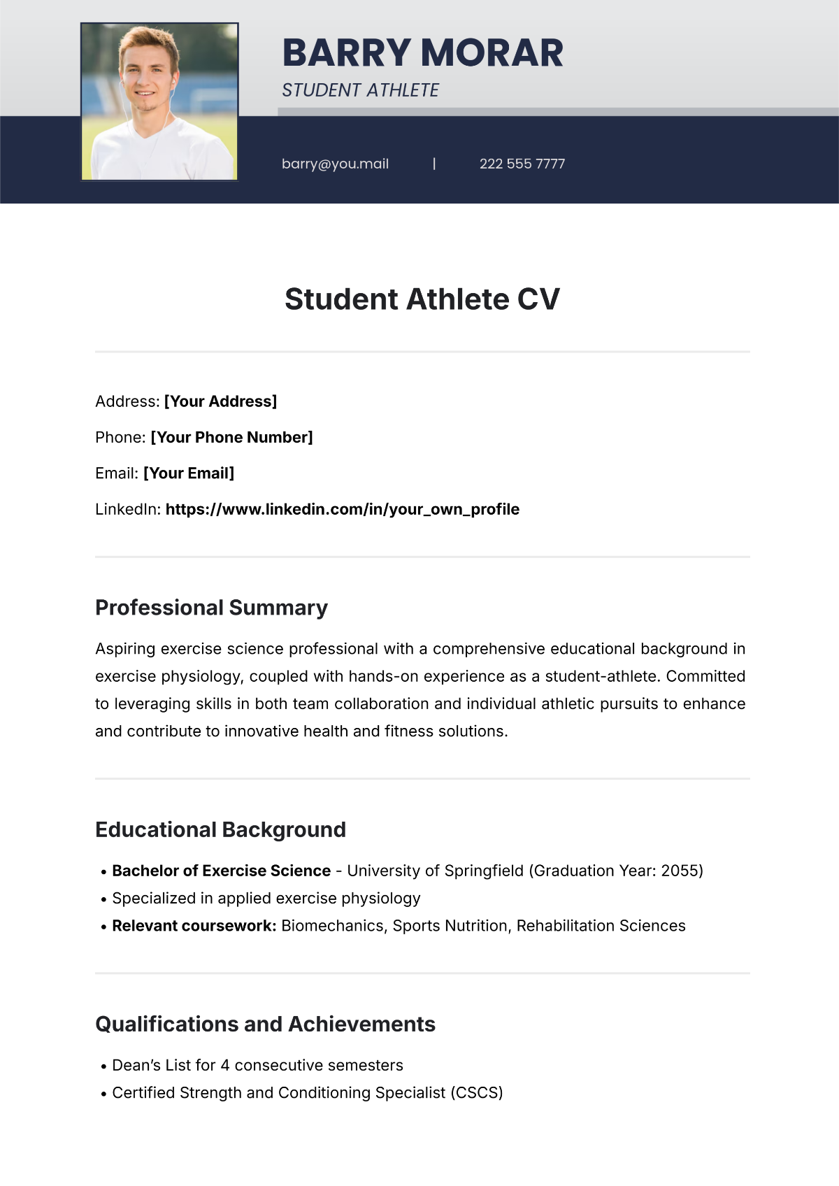 Free Student Athlete CV Template