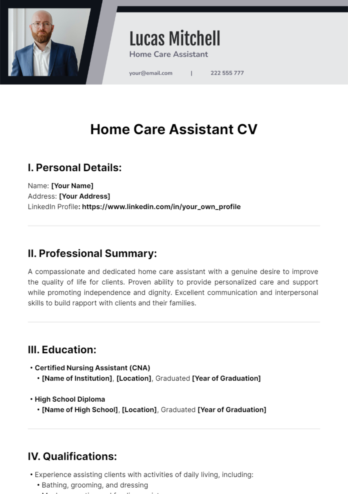 Home Care Assistant CV Template - Edit Online & Download