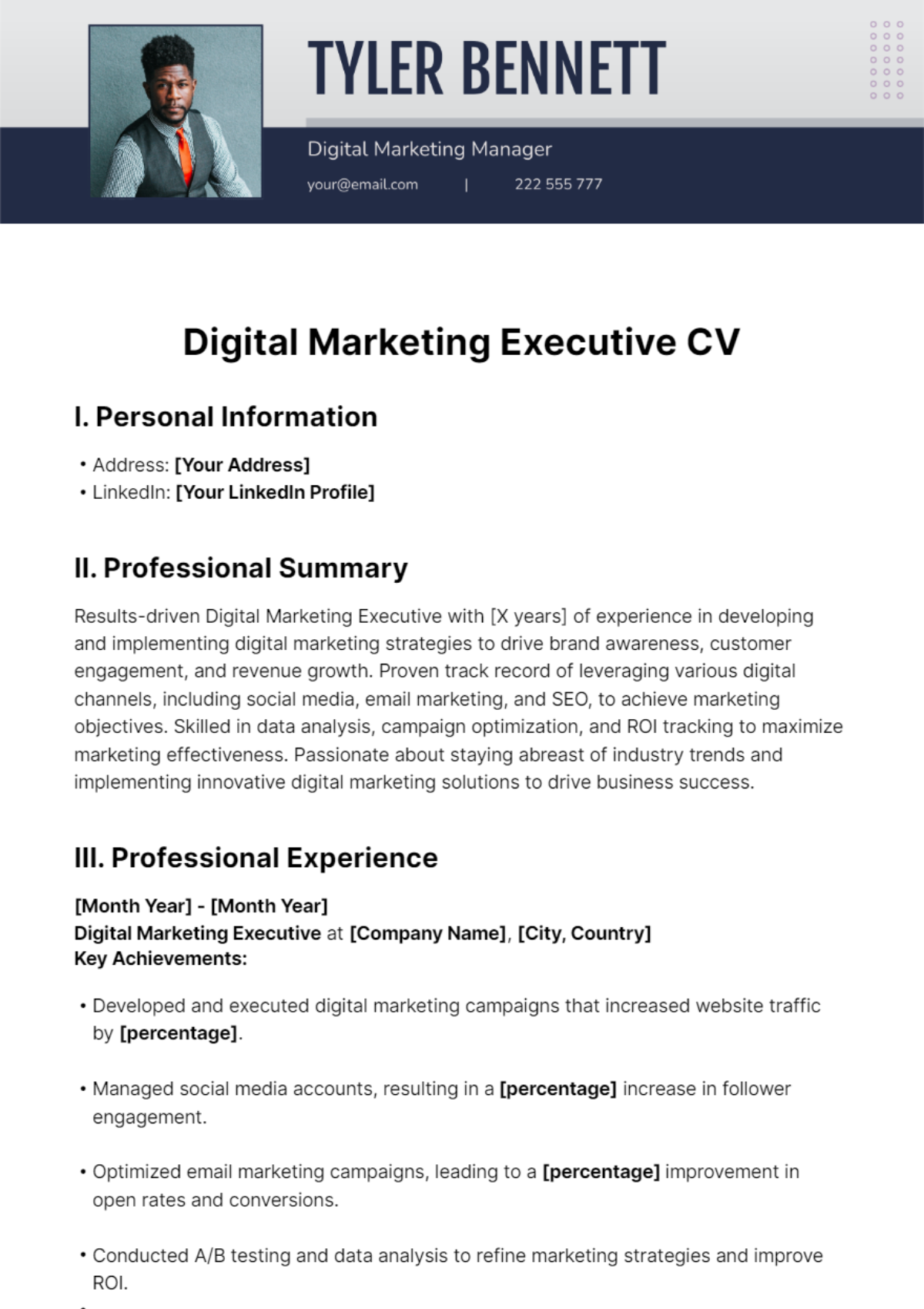 Digital Marketing Executive CV Template - Edit Online & Download