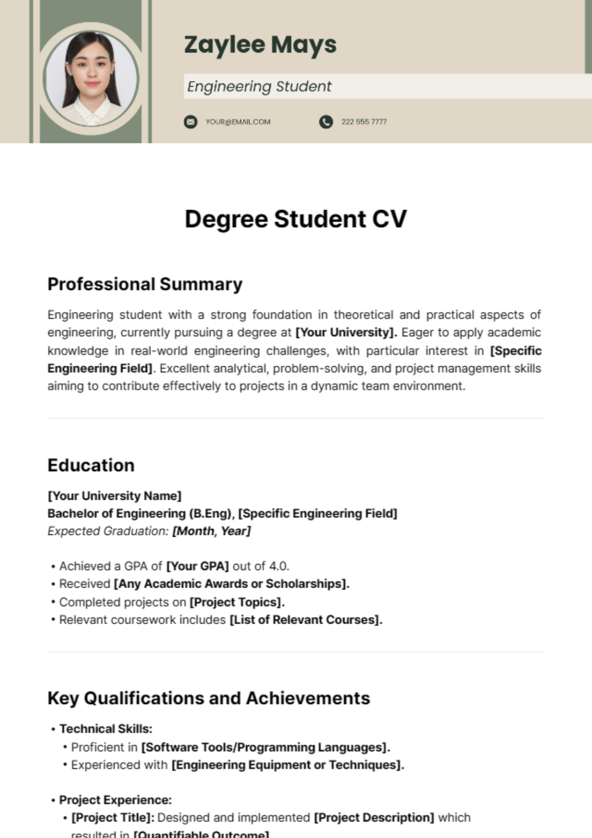 Free Degree Student CV Template
