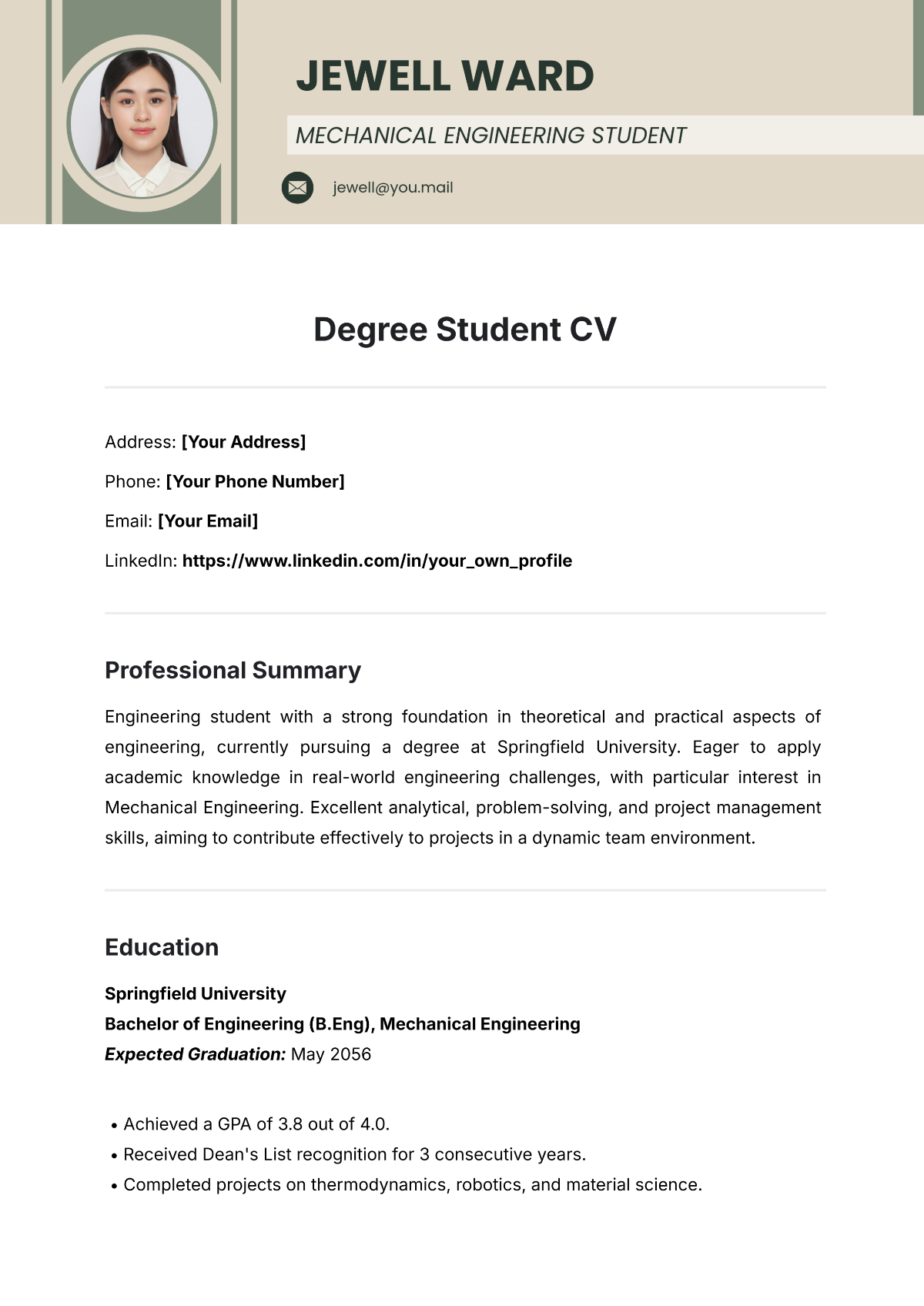 Free Degree Student CV Template