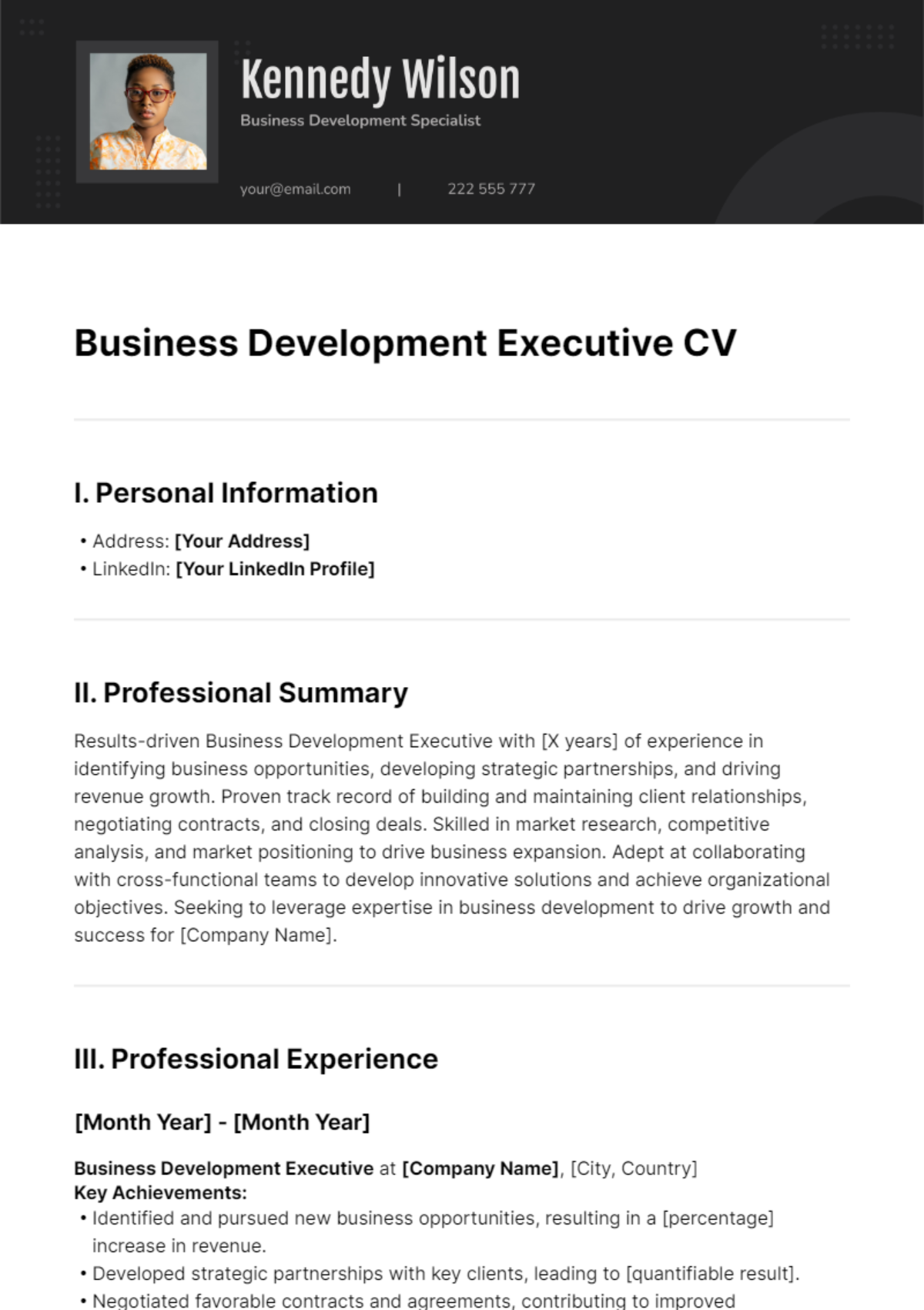 Business Development Executive CV Template - Edit Online & Download