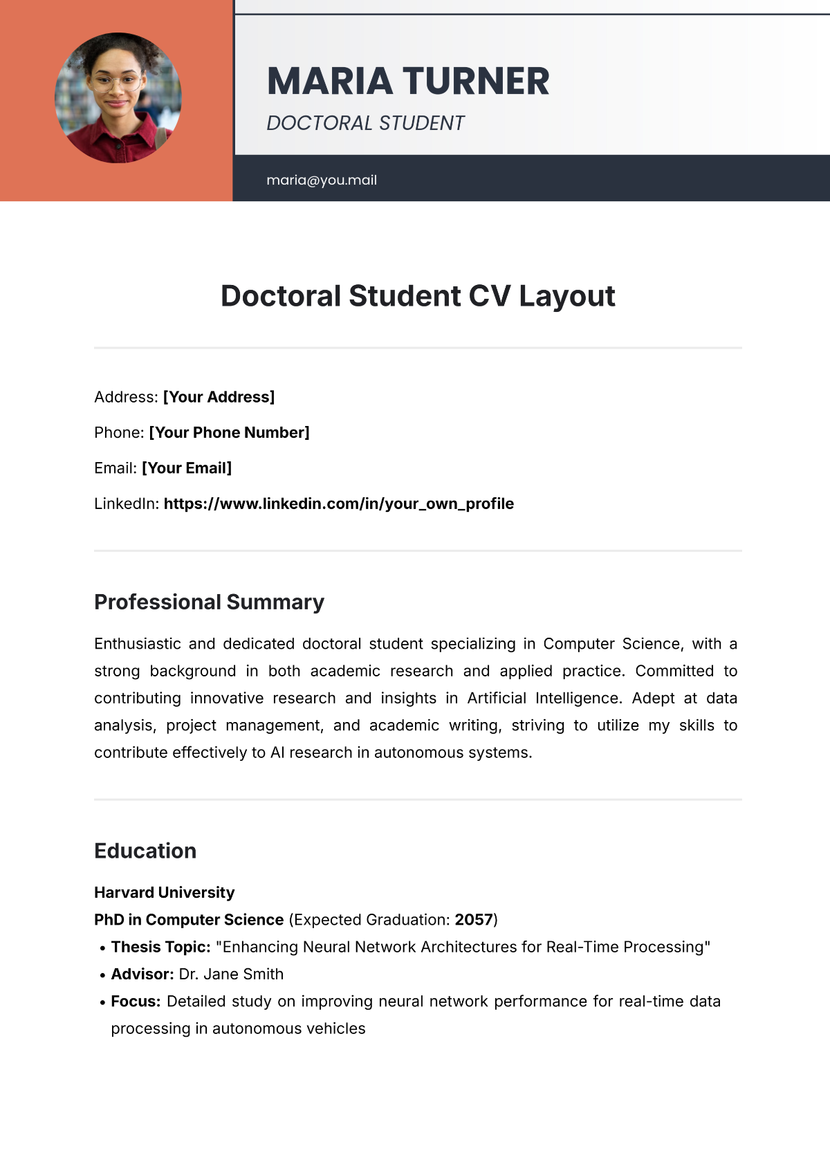 Free Doctoral Student CV Layout Template