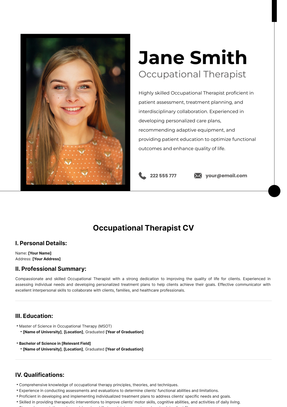 Occupational Therapist CV Template - Edit Online & Download