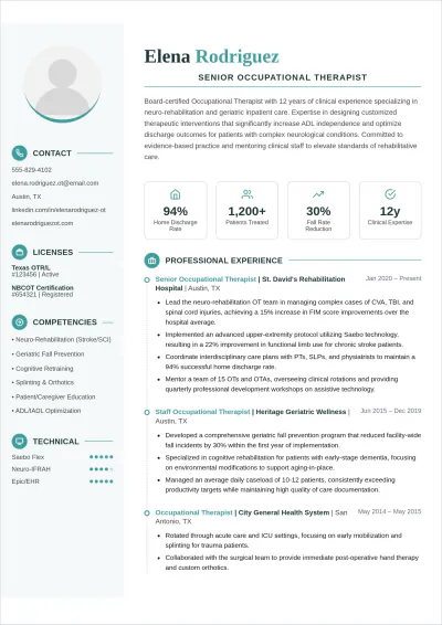 Free Occupational Therapist ATS CV Template, AI CV Builder