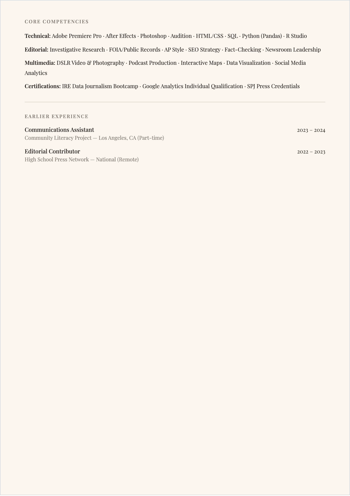Free Journalism Student ATS CV Template, AI CV Builder