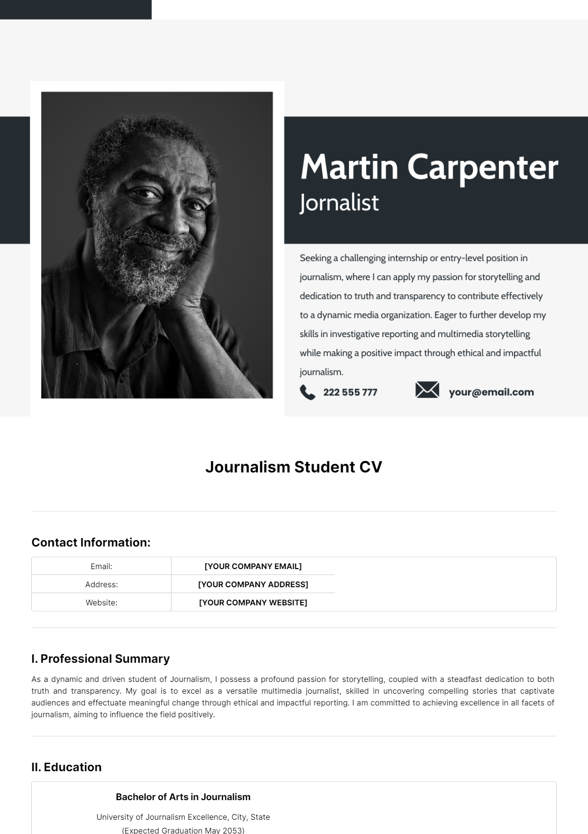 Free Journalism Student CV Template
