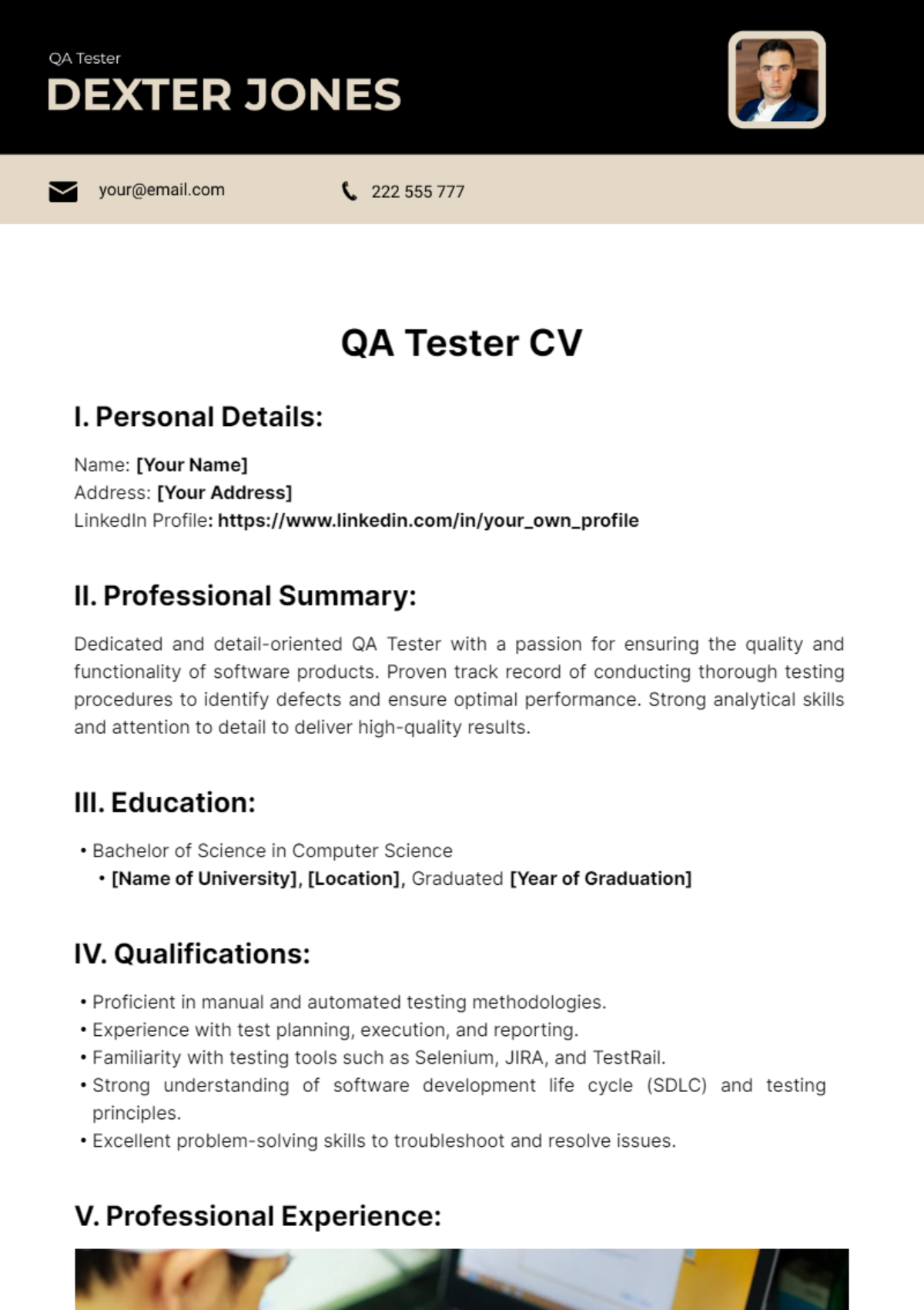 QA Tester CV Template - Edit Online & Download