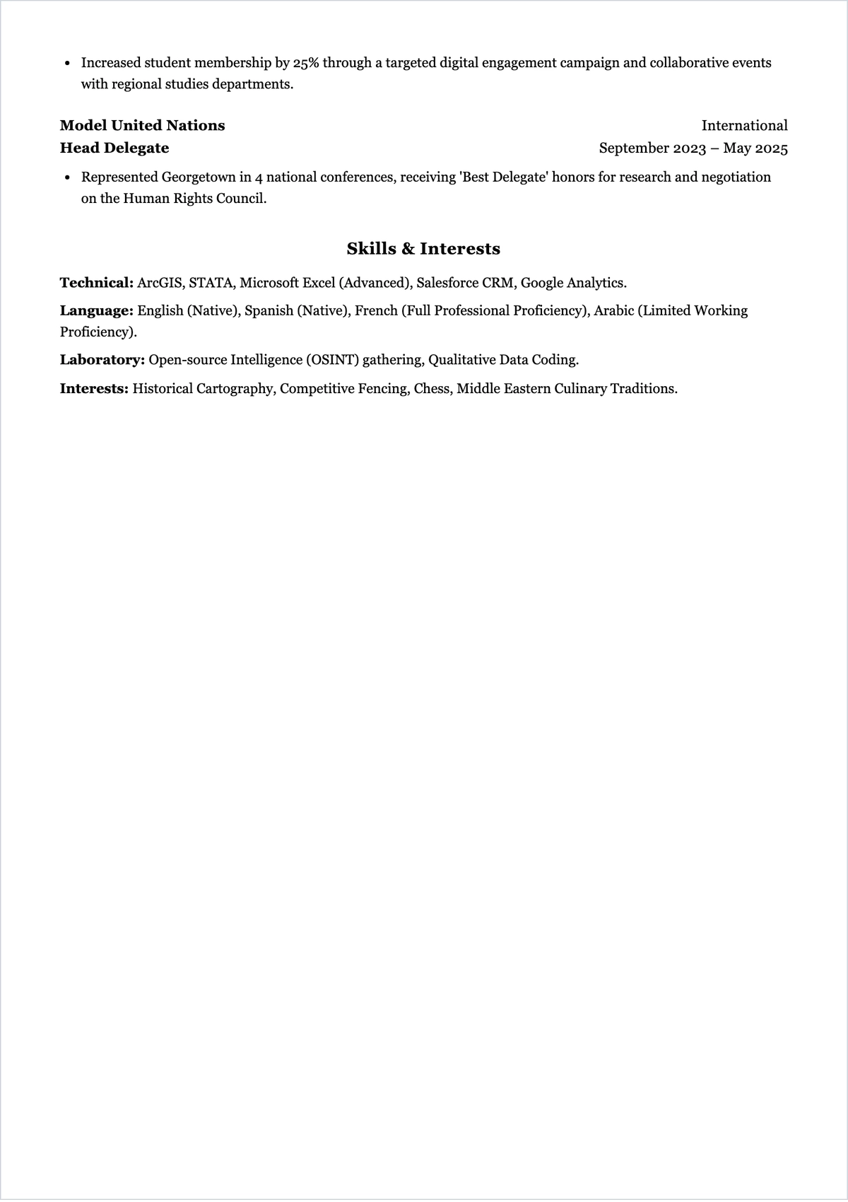 Free International Relations Student ATS CV Template, AI CV Builder