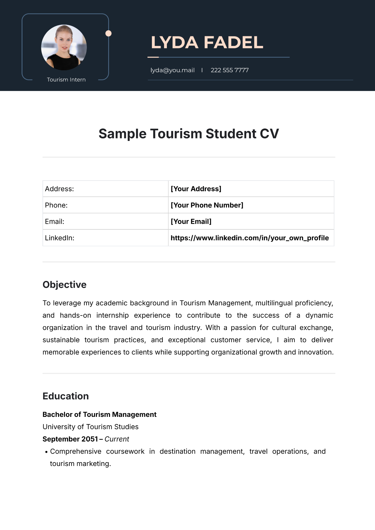 Free Sample Tourism Student CV Template