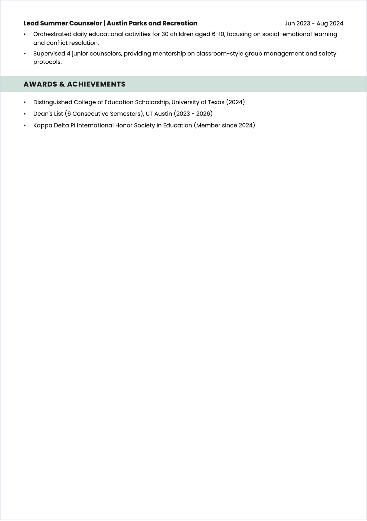 Free Teachers Student ATS CV Template, AI CV Builder