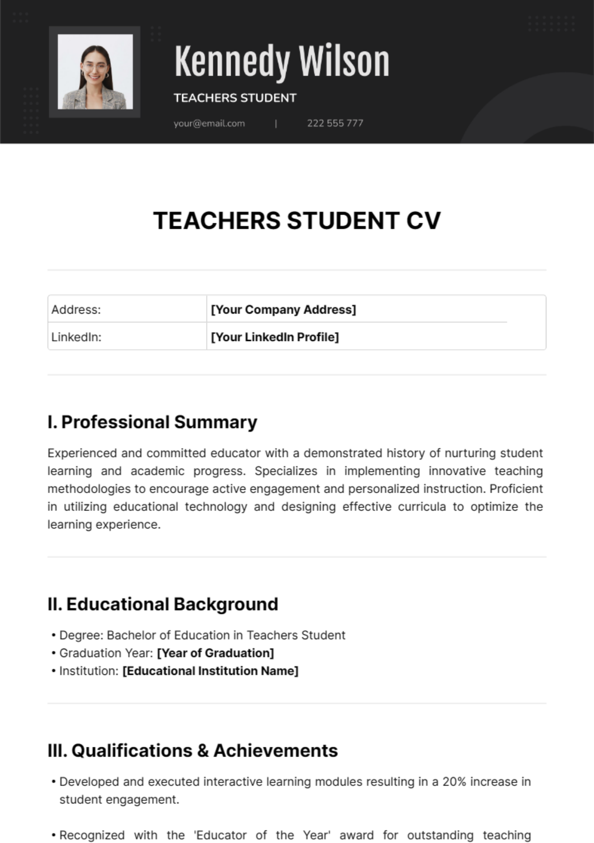 Free Teachers Student CV Template