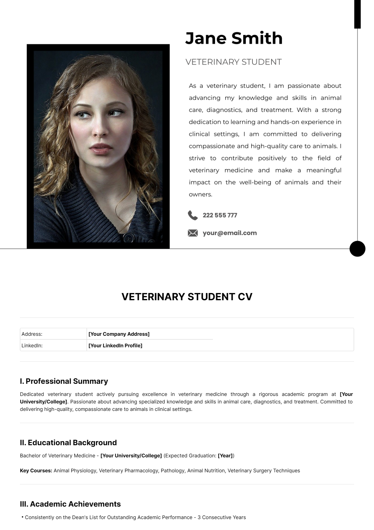 Free Veterinary Student CV Template