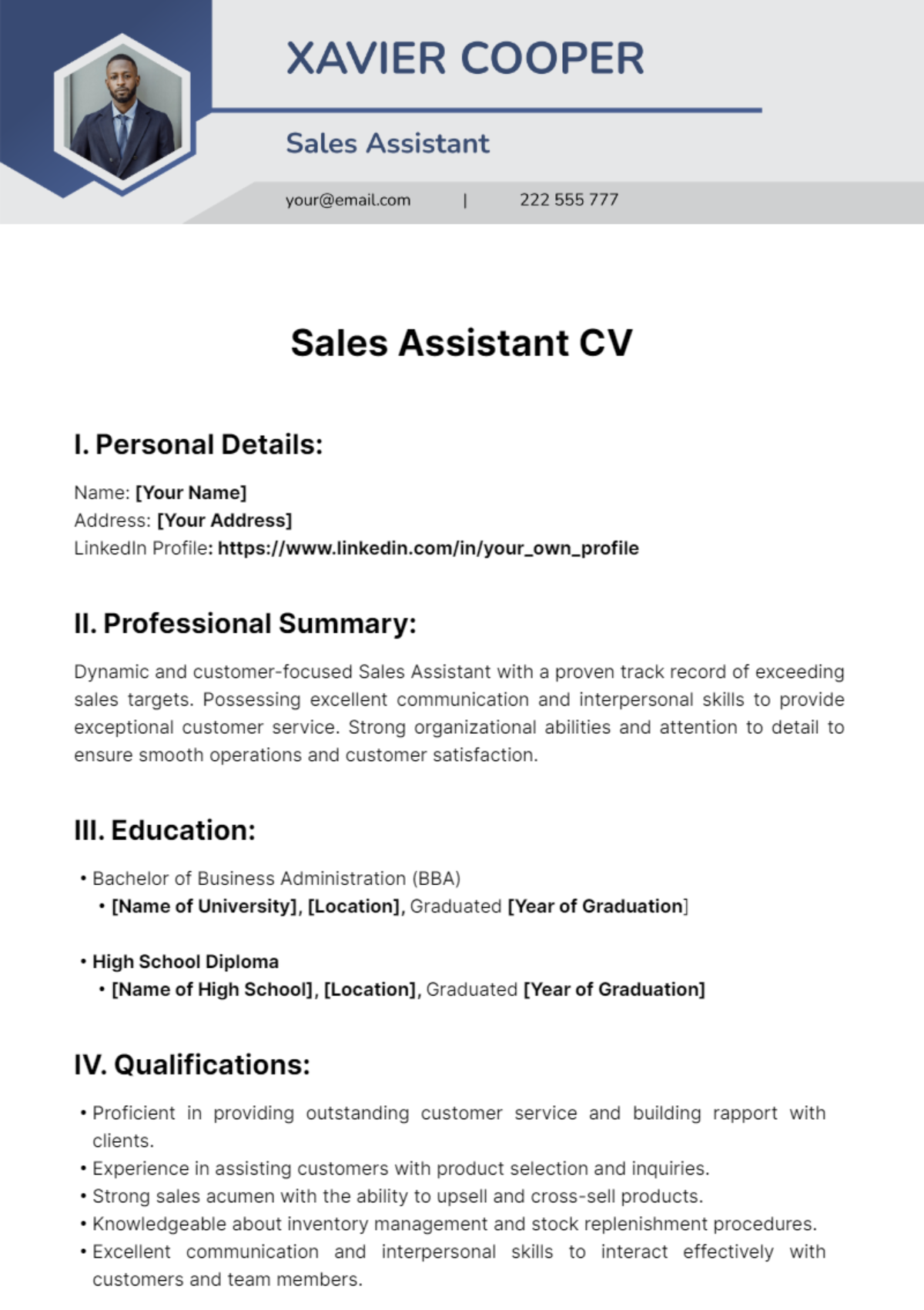 Sales Assistant CV Template - Edit Online & Download