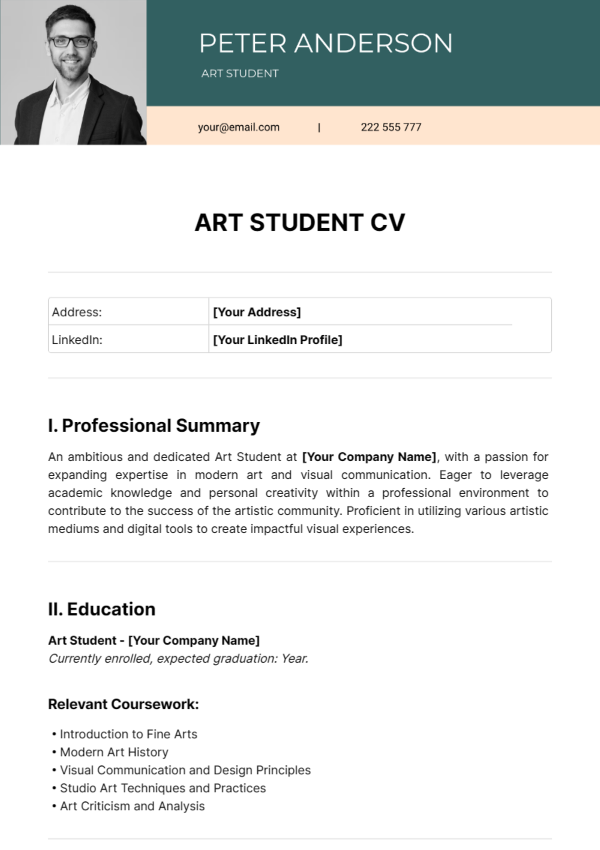 Free Art Student CV Template