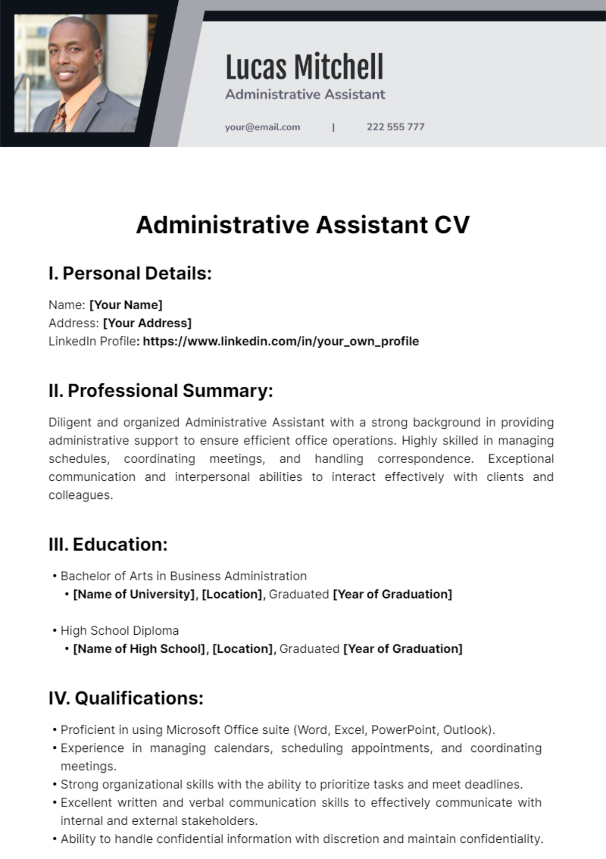 Administrative Assistant CV Template - Edit Online & Download