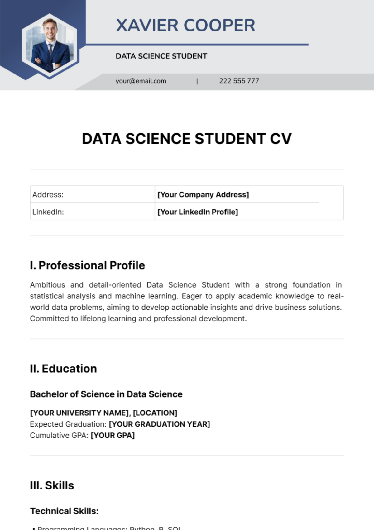 Free Data Science Student CV Template