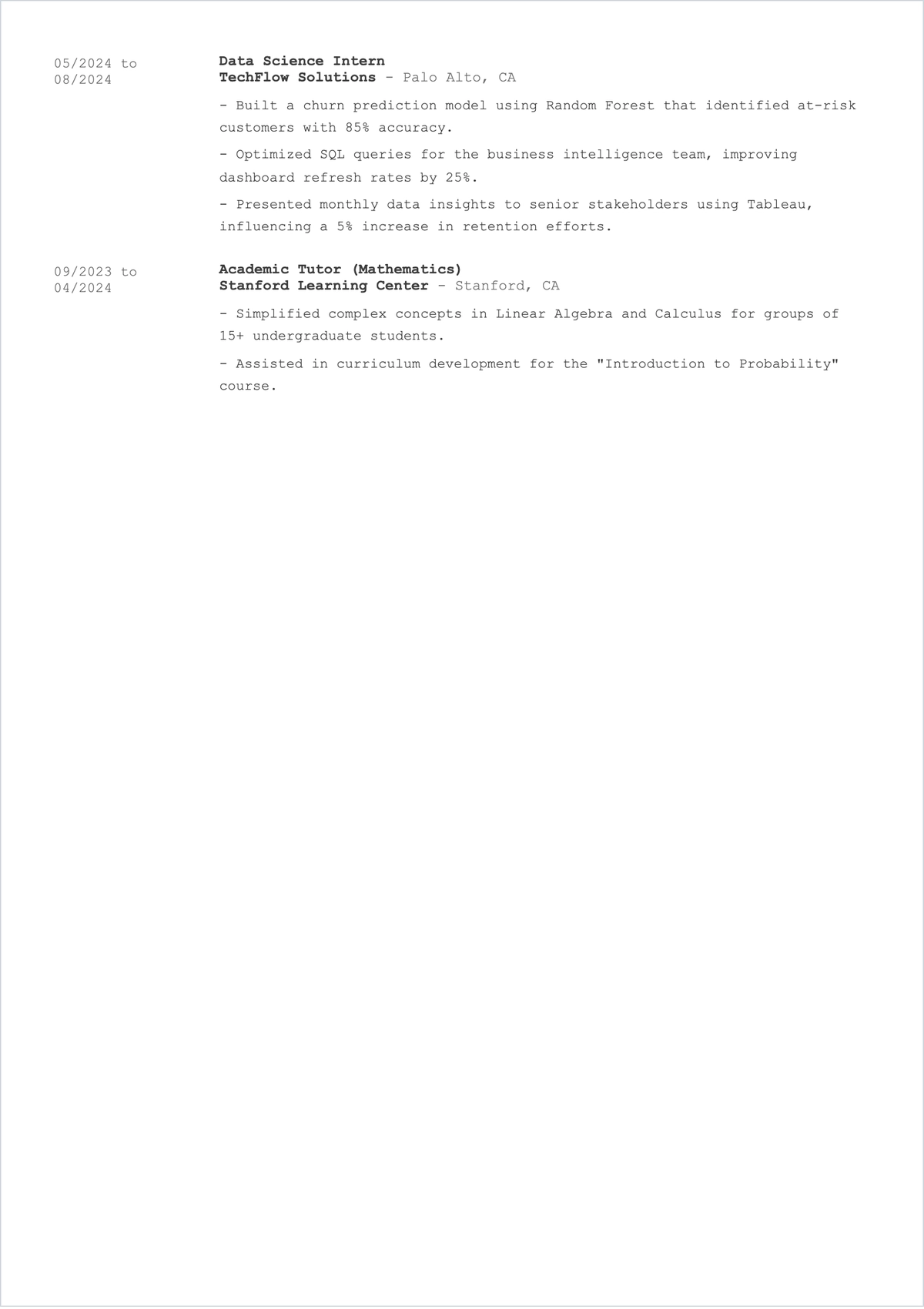 Free Data Science Student ATS CV Template, AI CV Builder