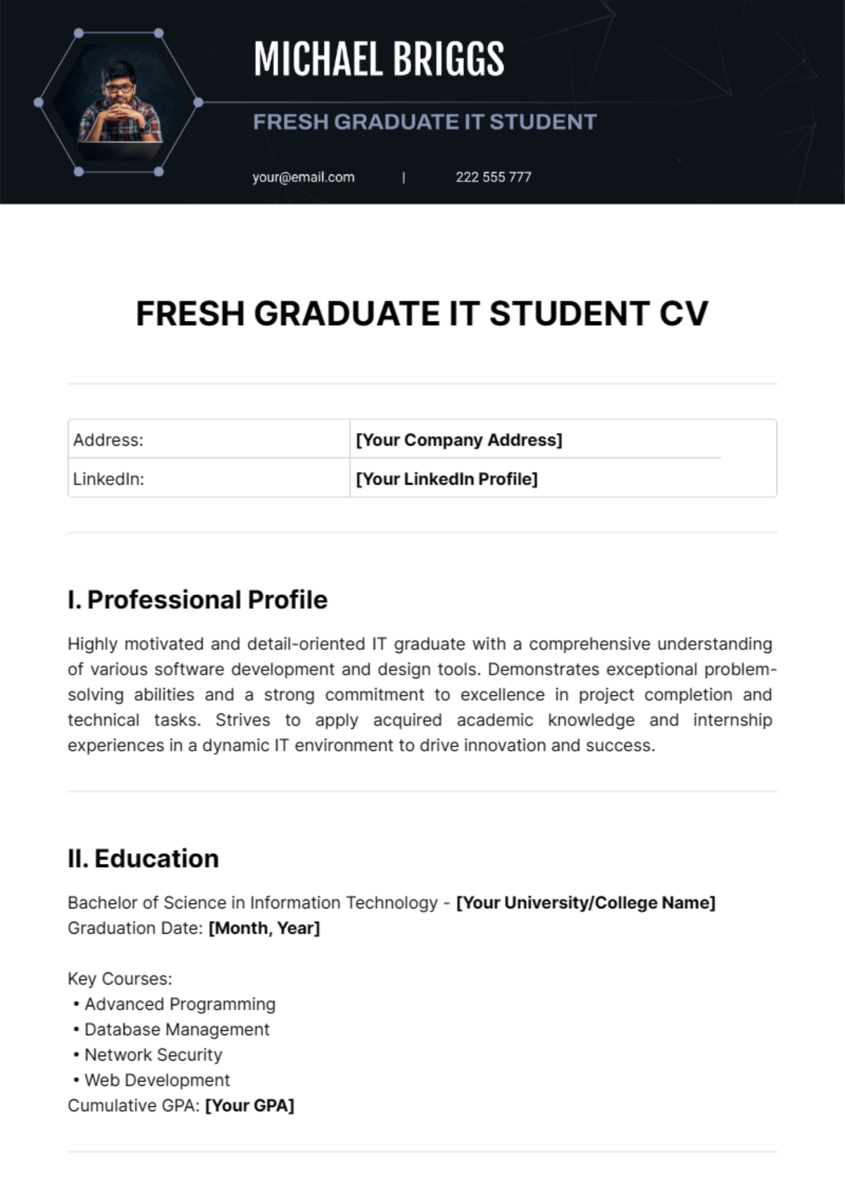Free Fresh Graduate IT Student CV Template