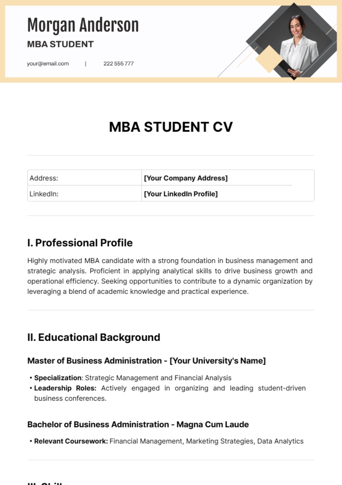 Free MBA Student CV Template