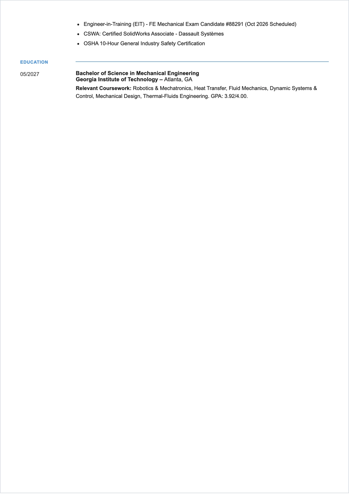 Free Mechanical Engineering Student ATS CV Template, AI CV Builder