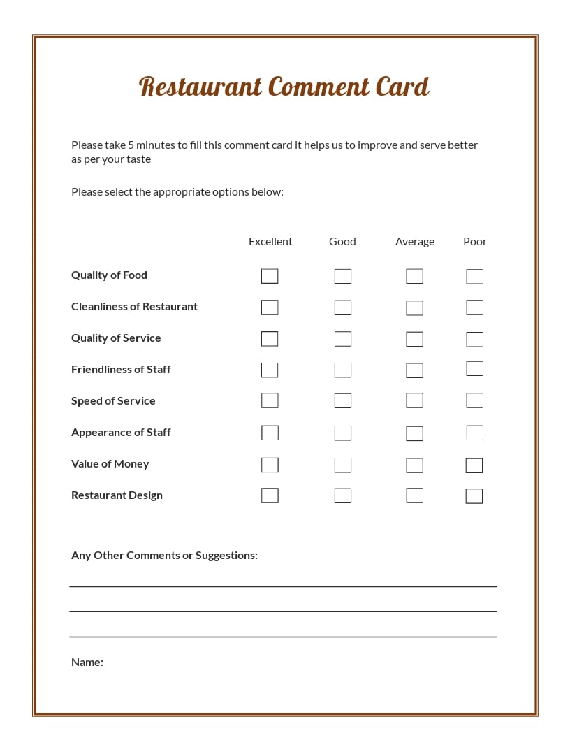 Restaurant Comment Card Template - Google Docs, Word, Apple Pages In Survey Card Template