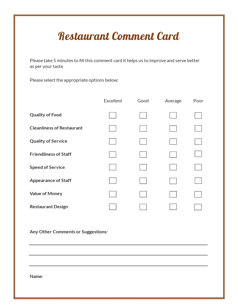 Restaurant Comment Card Template - Google Docs, Word, Apple Pages With Regard To Restaurant Comment Card Template