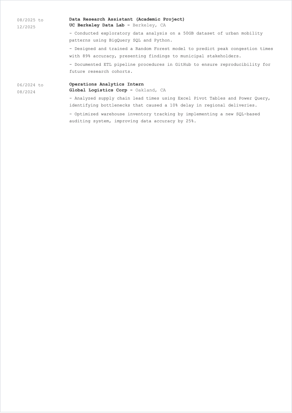 Free Data Analyst Graduate ATS CV Template, AI CV Builder