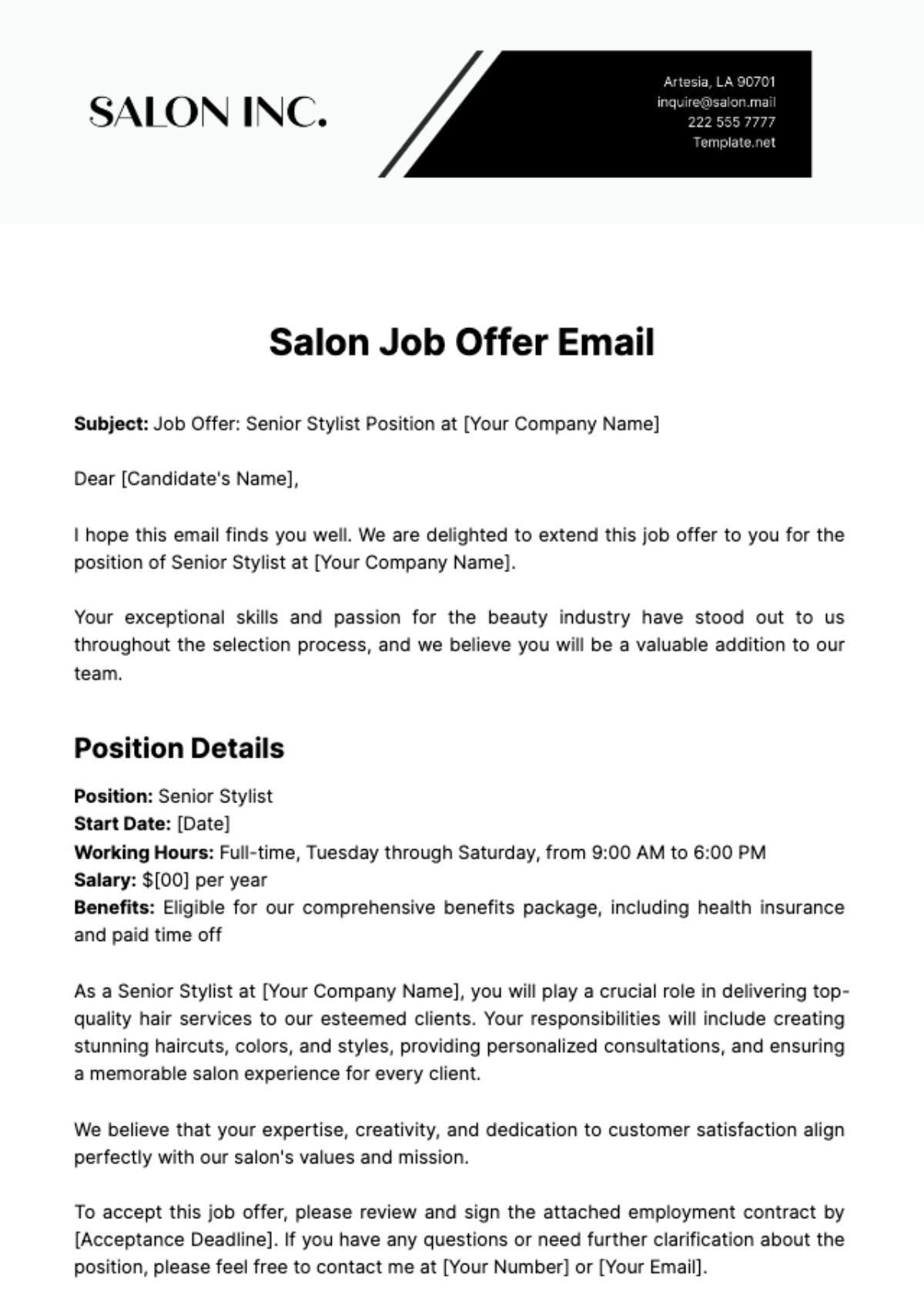 Salon Job Offer Email Template