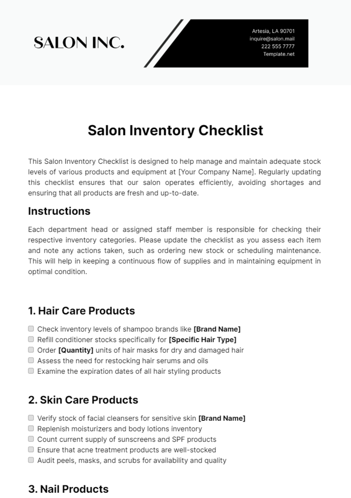 Salon Inventory Checklist Template