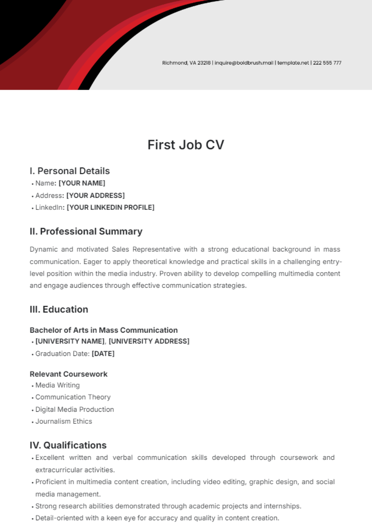 First Job CV Template - Edit Online & Download