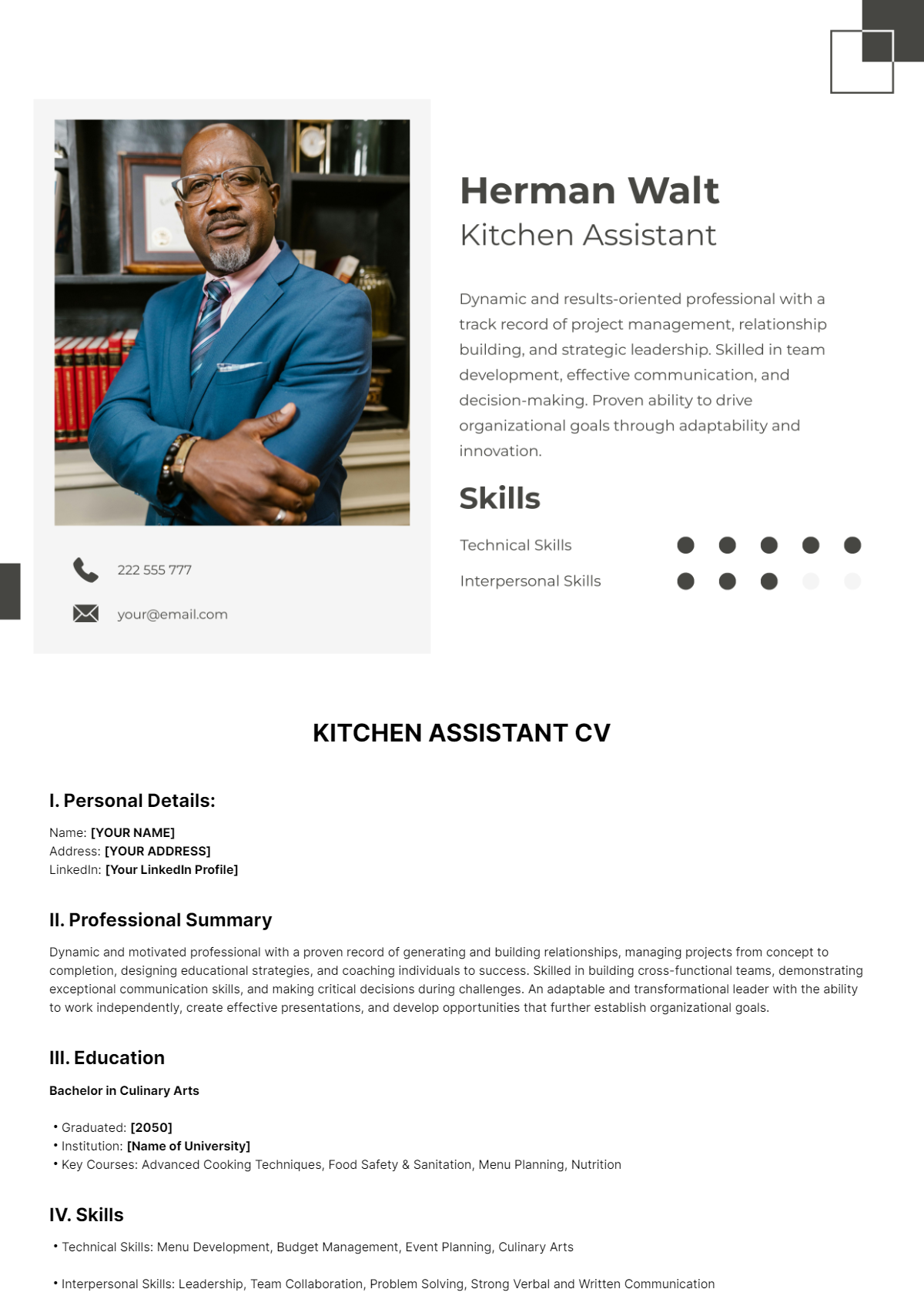 Kitchen Assistant CV Template - Edit Online & Download