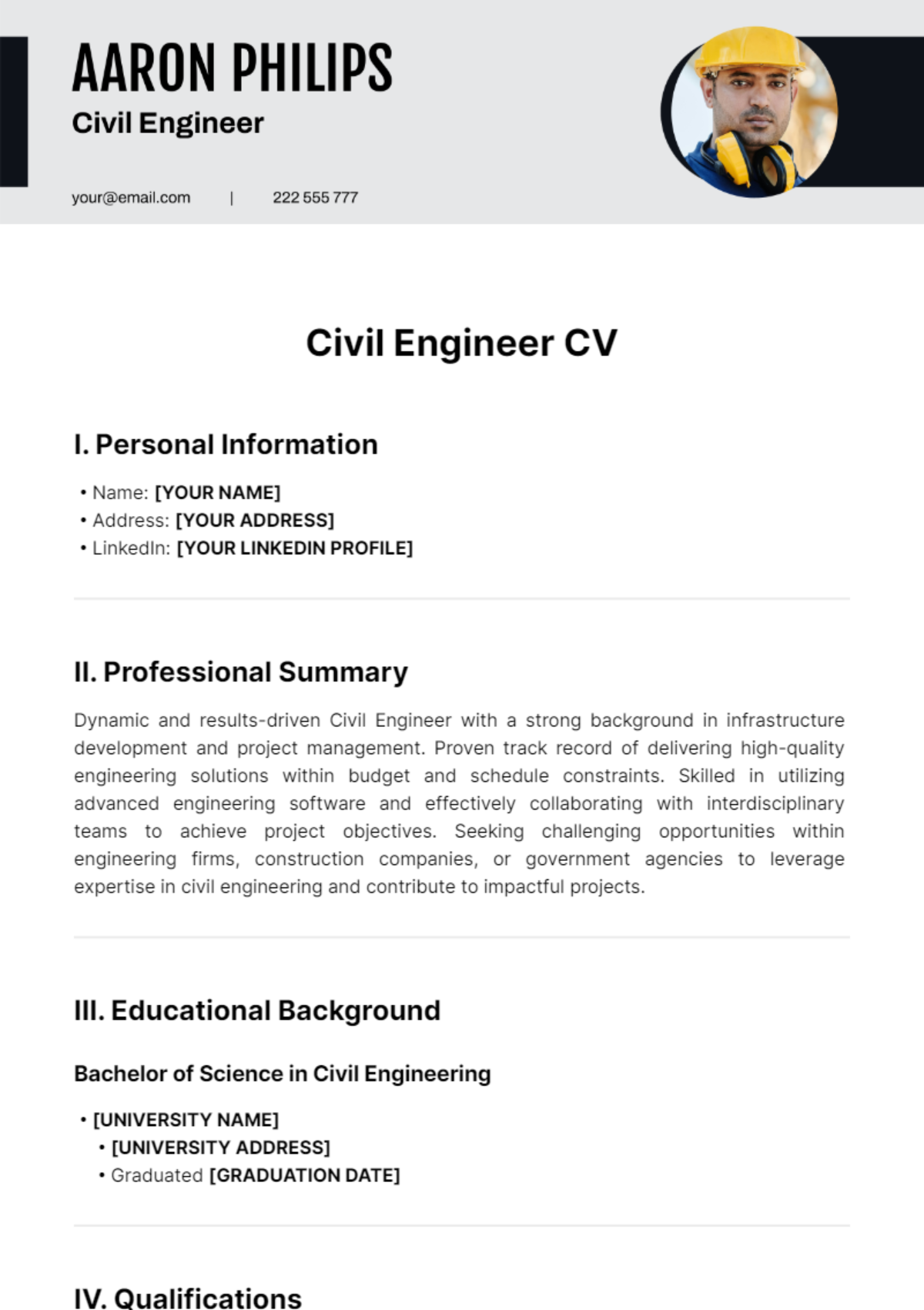 Civil Engineer CV Template - Edit Online & Download