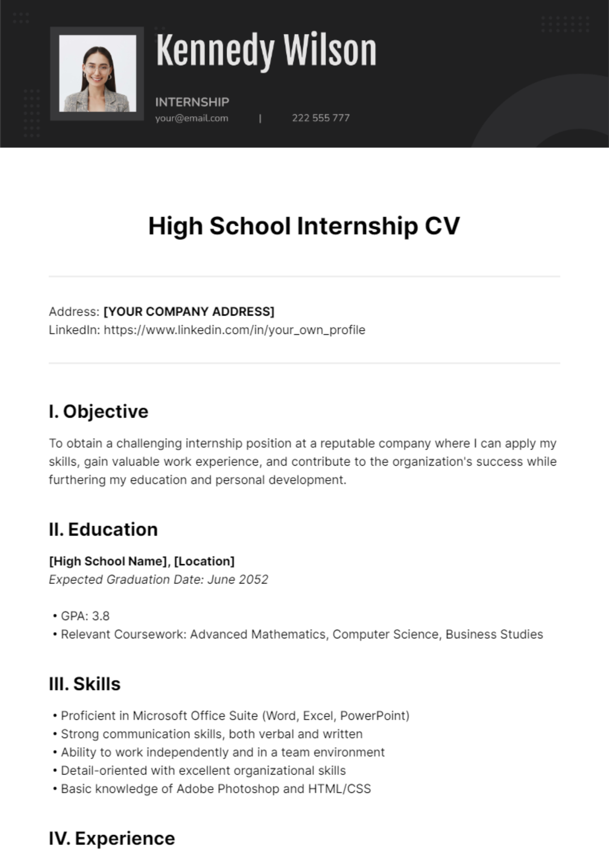 High School Internship CV Template
