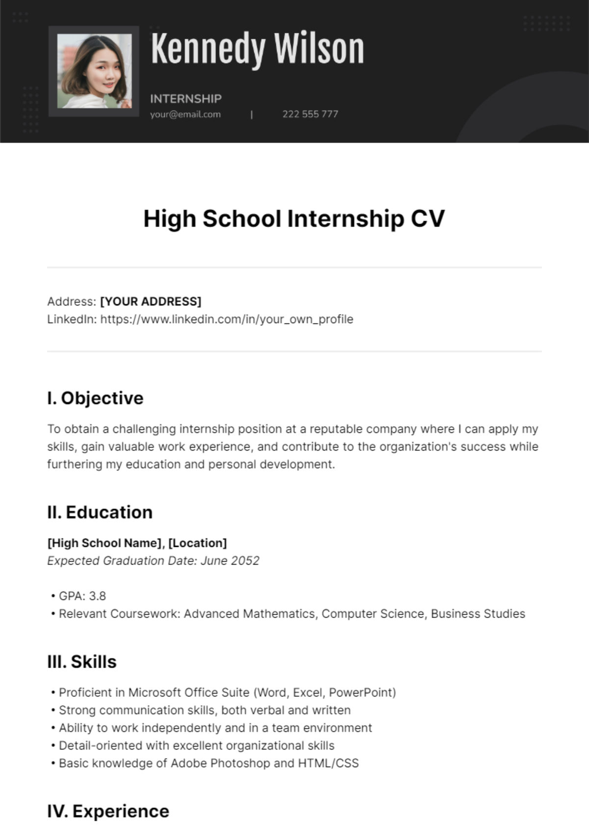 High School Internship CV Template - Edit Online & Download