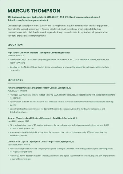 Free High School Internship ATS CV Template, AI CV Builder