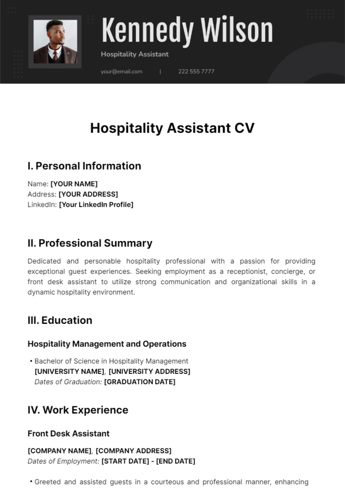 Hospitality Assistant CV Template - Edit Online & Download