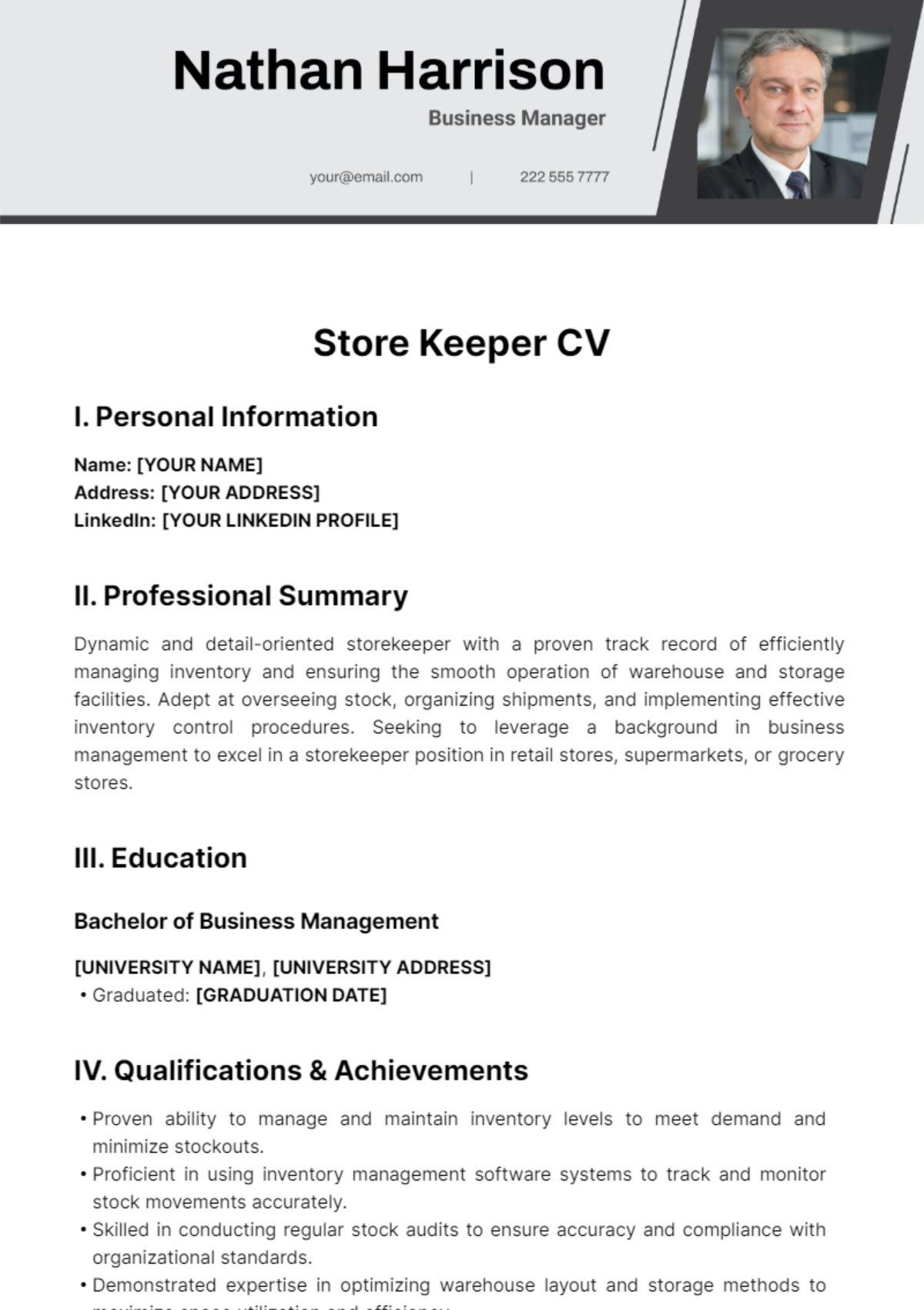 Free Store Keeper CV Template to Edit Online