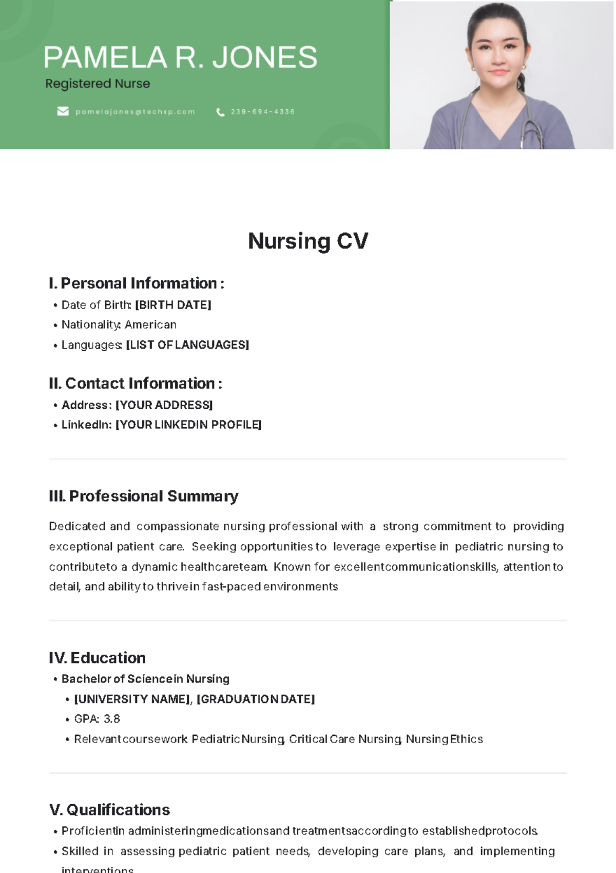 Free Nursing CV Template to Edit Online